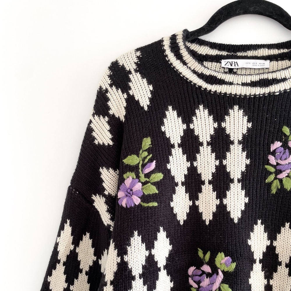 Zara Black and White Sweater with Purple Floral Design